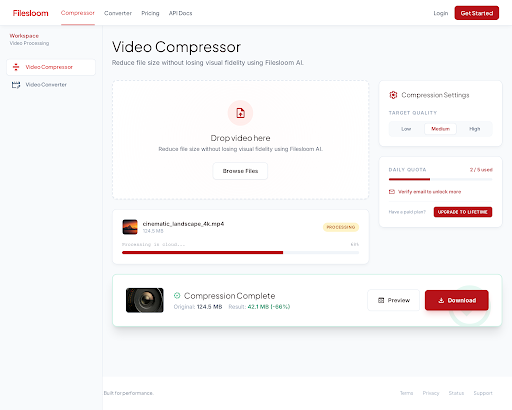Filesloom Video Compressor browser interface — drag-and-drop upload zone, quality preset dropdown, file queue with progress indicator